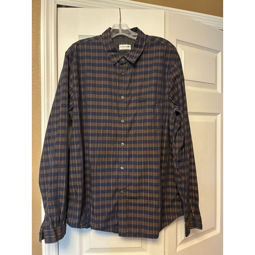 Men's XL 44 LACOSTE Long Sleeve Button Down Shirt Plaid Regular Fit